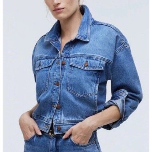 Madewell Oversized Denim Crop Jean Jacket XS Flap Button Chest Pockets nn843 - Picture 1 of 12